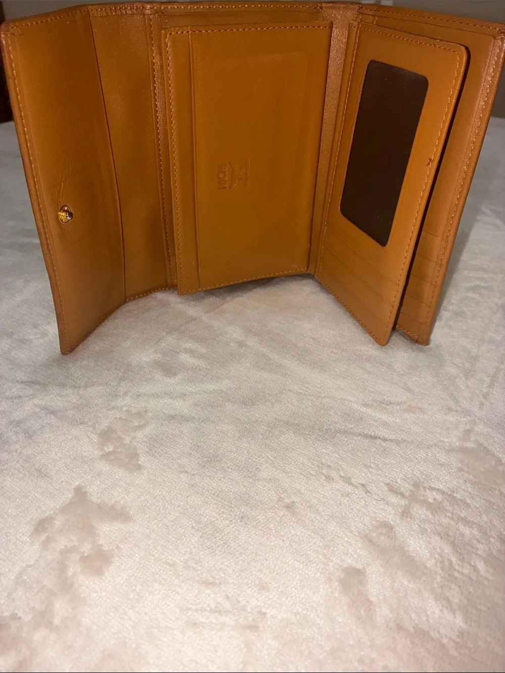 MCM Tan Cognac & Black Leather Visetos Trifold Wallet with Cream Stripe